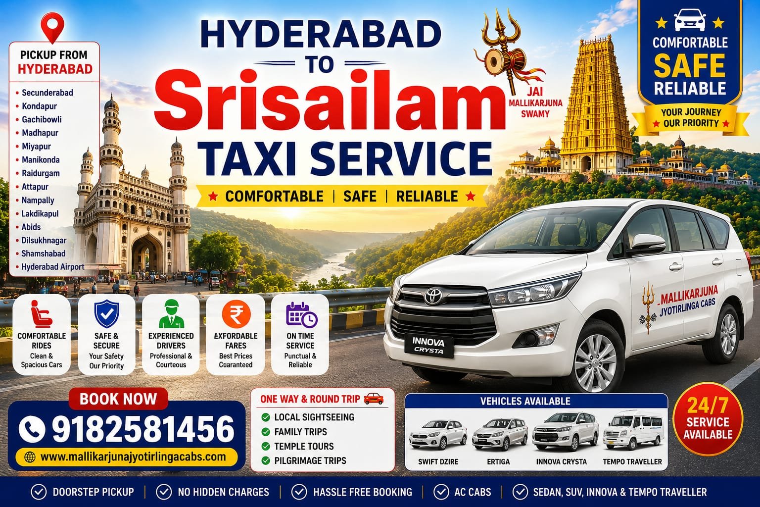 Hyderabad to Srisailam Taxi Service